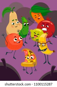 Vegetables and fruits are laughing over pizza. A vegetarian cartoon. Cartoon vector 2D illustration