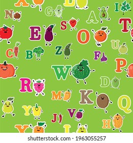 Vegetables fruits letters seamless pattern. Pattern for children cute fruits, vegetables, letters of the English alphabet. Vector illustration.