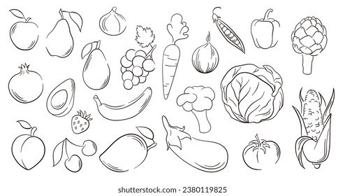 Vegetables and fruits in line art style. Big set of hand drawn vegetables, fruits and berries. Vector illustration isolated on a white background.