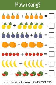 Gemüse und Obst mathematische Listen. zählt, wie viele Spiel. Geeignet für frühkindliche Entwicklung und Unterricht, frühkindliche Entwicklung, Kindergärten. Interaktive, bunte Matheübungen.