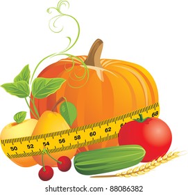 Vegetables and fruits with measuring tape. Vector