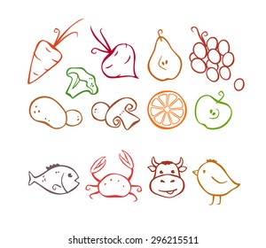 Vegetables, fruits and meat
