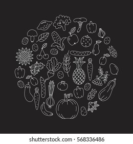Vegetables fruits mushrooms berries tasty healthy fresh food doodles vector set
