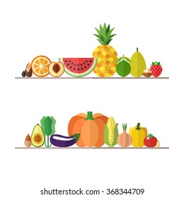 Vegetables, fruits and nuts illustrations vector set. Modern flat design. Isolated objects. Part two.