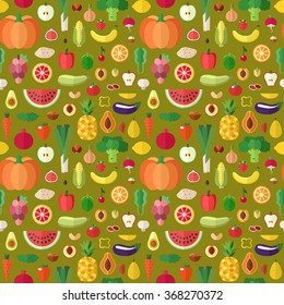 Vegetables, fruits and nuts seamless vector pattern. Modern flat design.