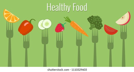 Vegetables and fruits on forks. Healthy food vector illustration.