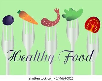 Vegetables and fruits on forks. Healthy food vector illustration.
Proper nutrition