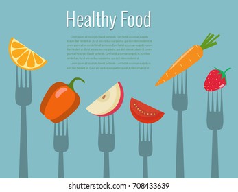 Vegetables and fruits on forks. Healthy food vector illustration