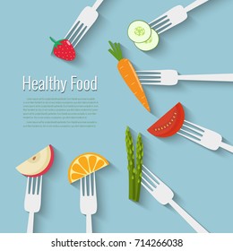 Vegetables and fruits on forks. Healthy food vector illustration
