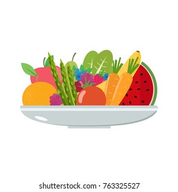 Vegetables and fruits on a plate. Healthy food vector illustration.