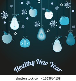 Vegetables, fruits on strings in form of toys on festive tree, snowflakes. Vector illustration with greeting text Healthy New Year for design of cards, posters, flyers, brochures about healthy eating.