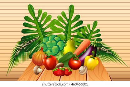 Vegetables and fruits on the table illustration