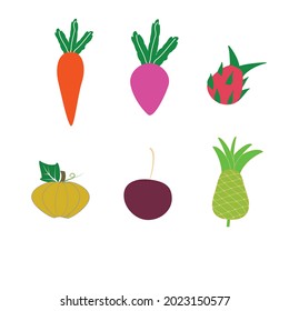 verduras y frutas sobre fondo blanco, zanahoria, fruta del dragón, calabaza, cerezas, piña, aisladas