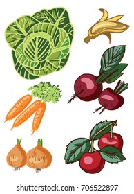 vegetables and fruits on white background, beet, banana, cherry, onion, carrot, cabbage