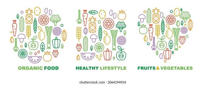Vegetables and fruits outline icons. Organic food elements for web design, vegetarian menu, healthy lifestyle illustration. Vector elements in linear style isolated on a white background.