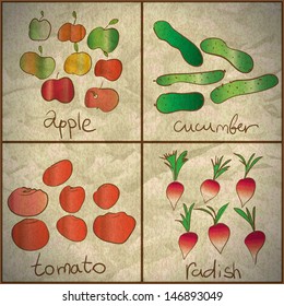 Vegetables and fruits are painted on old paper