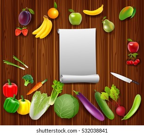 Vegetables fruits with paper on wooden background. vector 