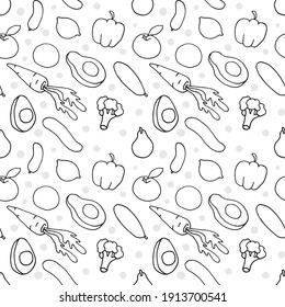 Patrón de verduras y frutas. Dibujo manual impecable al estilo Doodle. Ilustración para fondos, postales, carteles, carteles, impresiones textiles. Comer sano. Vegetarismo. EPS vectorial 10