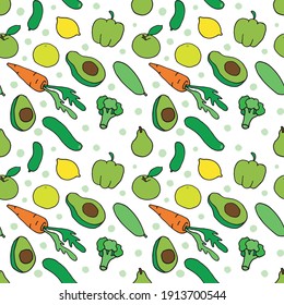 Gemüse- und Obstmuster. Nahtlose Handzeichnung im farbigen Doodle-Stil. Illustration für Hintergründe, Postkarten, Poster, Banner, Stoffdrucke. Gesund essen. Vegetarismus. Vektor EPS10