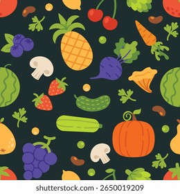 Vegetais e padrão de frutas. Textura perfeita com frutas e legumes. Fundo com rabiscar vegetal, frutas, bagas, cogumelos, plantas verdes. Papel de parede fresco vetor de alimentos orgânicos.