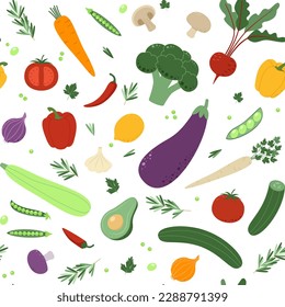 Gemüse und Obst Muster, Set von gesunden vegetarischen oder veganischen Lebensmitteln. Handgezeichnete Vektorgrafik, trendiger minimalistischer Stil