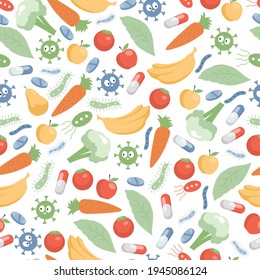 Gemüse, Früchte, Pillen und Mikroflora Vektor flache nahtlose Muster. Vitamine, Nahrungsergänzungsmittel und Mineralstoffe für die Gesundheit und gute Verdauung. Möhren, Apfel, Birne. Tomate, Broccoli und Banane.