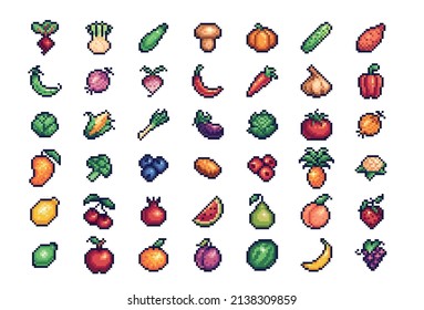 Gemüse und Obst Pixelkunst Set. Unterschiedliche Gartenpflanzensammlung. 8-Bit-Sprite. Spielentwicklung, mobile App.  Einzige Vektorgrafik.