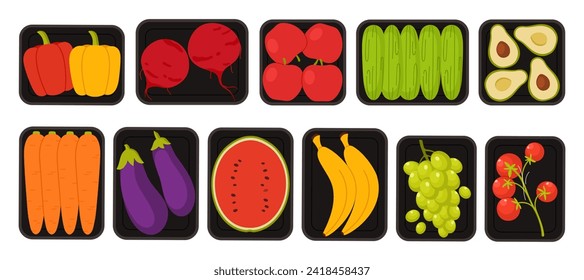 Vegetables and fruits in plastic trays. Styrofoam black containers of square and rectangle shapes, supermarket or farm market raw food products for eating and cooking cartoon vector illustration