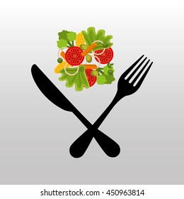 vegetables and fruits in plate, vector illustration