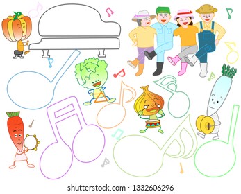 Vegetables and fruits playing instruments celebrating the harvest. Farmers are also happy and dancing.
