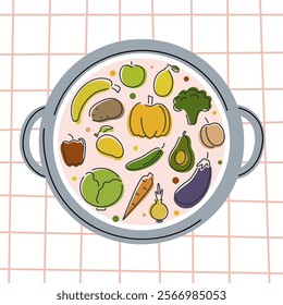 Vegetables and fruits in a pot.  Healthy vegan food. Top view of a saucepan on a checkered tablecloth. Colorful minimalistic colored and black linear outline icons. Vector illustration