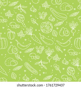 Vegetables and fruits Seamless hand drawn doodle pattern. Illustration for backgrounds, card, posters, banners, textile prints, cover, web design. Eat healthy. Vector icons.