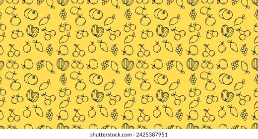 Vegetables and fruits Seamless hand drawn doodle pattern. Illustration for backgrounds, card, posters, banners, textile prints, cover, web design. Eat healthy. Vector icons