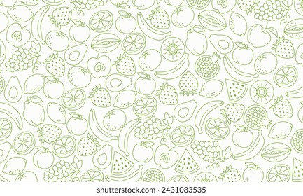 Vegetables and fruits Seamless hand drawn doodle pattern. Illustration for backgrounds, card, posters, banners, textile prints, cover, web design. Eat healthy. Vector icons.