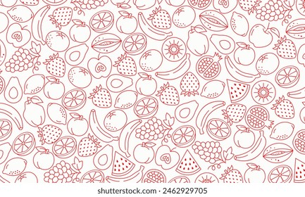 Vegetables and fruits Seamless hand drawn doodle pattern. Illustration for backgrounds, card, posters, banners, textile prints, cover, web design. Eat healthy. Vector icons.