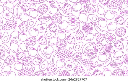 Vegetables and fruits Seamless hand drawn doodle pattern. Illustration for backgrounds, card, posters, banners, textile prints, cover, web design. Eat healthy. Vector icons.