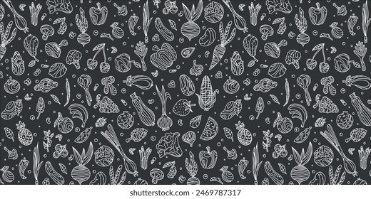 Vegetables and fruits. Seamless hand drawn doodle pattern on dark background. Illustration for background, card, poster, banner, textile print, cover, web design. Eat healthy. Vector icons.