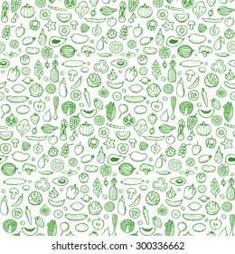 Vegetables and fruits Seamless hand drawn doodle pattern. Vector illustration for backgrounds, card, posters, banners, textile prints, cover, web design