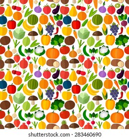 Vegetables and fruits seamless pattern background. Colorful template for cooking, restaurant menu and vegetarian food