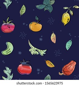 Vegetables and fruits seamless pattern. Hand drawn colorful vector sketch. Textile, paper, wrapping paper.
