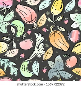 Vegetables and fruits seamless pattern. Hand drawn vector sketch. Textile, paper, wrapping.
