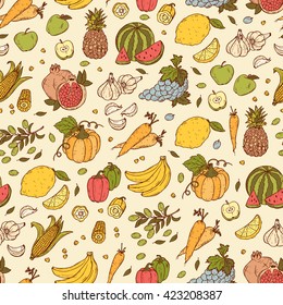 Vegetables and fruits seamless pattern. Hand drawn doodle Fresh Fruit and Vegetable. Colorful background