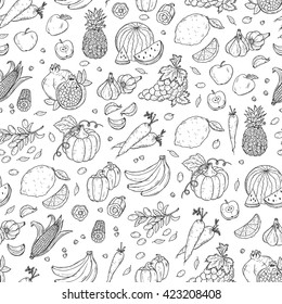 Vegetables and fruits seamless pattern. Hand drawn doodle Fresh Fruit and Vegetable. Black and white background