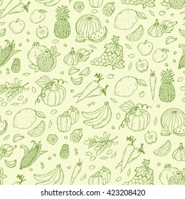 Vegetables and fruits seamless pattern. Hand drawn doodle Fresh Fruit and Vegetable. Green background