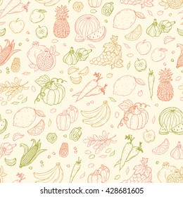 Vegetables and fruits seamless pattern. Hand drawn doodle Fresh Fruit and Vegetable