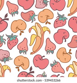 Vegetables and fruits seamless pattern on white background. Doodle style. Vector illustration.