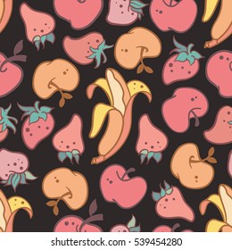 Vegetables and fruits seamless pattern on black background. Doodle style. Vector illustration.
