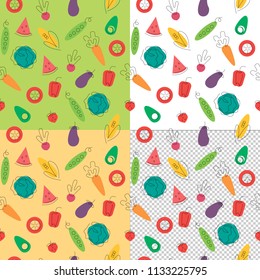 Vegetables and fruits seamless pattern set on transparent, white, green and yellow background. Healthy food vector background.