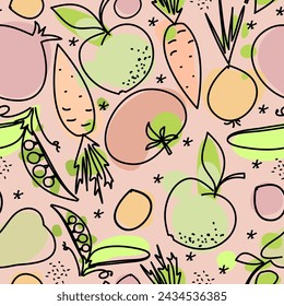 Vegetables and fruits seamless pattern. Vector sketch design. Textile, paper, wrapping. Vegan theme.