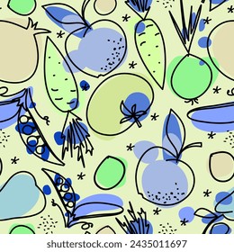 Vegetables and fruits seamless pattern. Vector sketch design. Textile, paper, wrapping. Vegan theme.